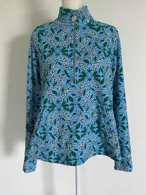Lilly Pulitzer Melena UPF 50+ Popover Bon Bon Blue Leapin Leopards Size Small